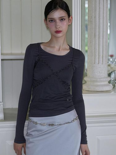 T-shirt & Lace Sleeveless Set [Charcoal] - Rosefrantz - Modalova