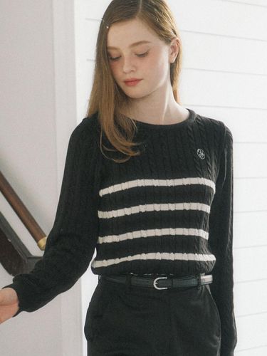 Cable Stripe Ribbon Long Sleeve Knit - Black - ourhope - Modalova