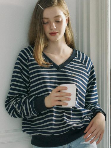 V-neck Stripe Cotton Sweatshirt - Navy - ourhope - Modalova