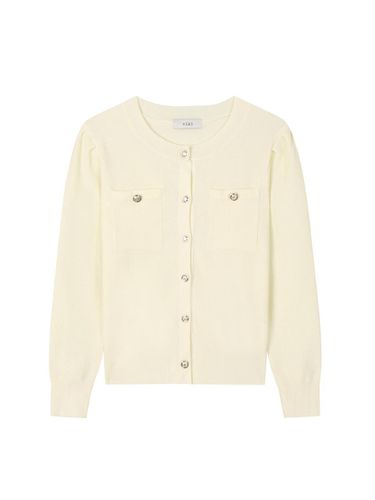 Gold Button Puff Sleeve Waffle Cardigan - VIKI - Modalova