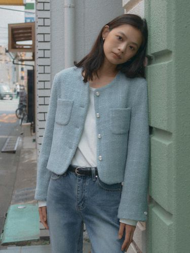 Collarless rose tweed jacket_Sky blue - TILLIDIE - Modalova