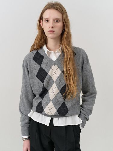 UNISEX V-NECK ARGYLE SWEATER MELANGE GREY_UDSW4C10 - Dunst for WOMEN - Modalova