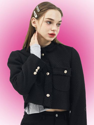 CP] Crop Round Tweed Blazer Jacket [BLACK] - CITYPOPZ - Modalova