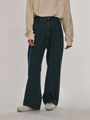 Wide pleated button striped denim pants_Deep Blue - SOMEPLACE - Modalova