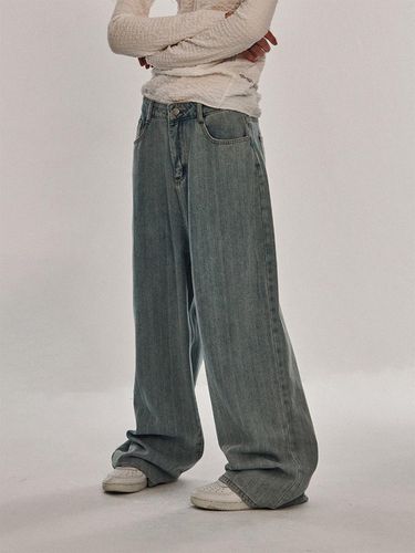 Wide pleated button striped denim pants [light blu - SOMEPLACE - Modalova