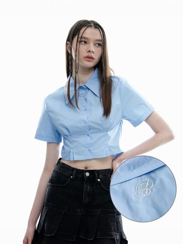 Pintuck Collar Slim Cropped Short Sleeve Shirts - SOMEPLACE - Modalova