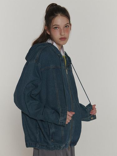 Denim Vintage Hooded String Two Way Zip-Up Jacket - SOMEPLACE - Modalova