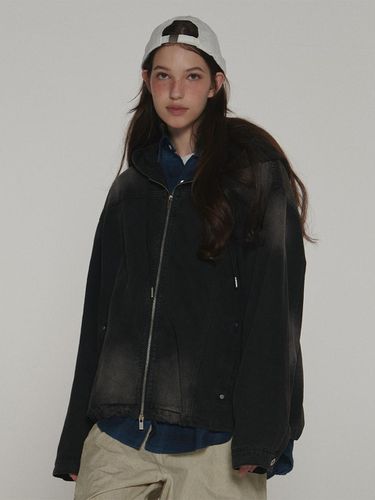 Denim Vintage Hooded String Two Way Zip-Up Jacket - SOMEPLACE - Modalova