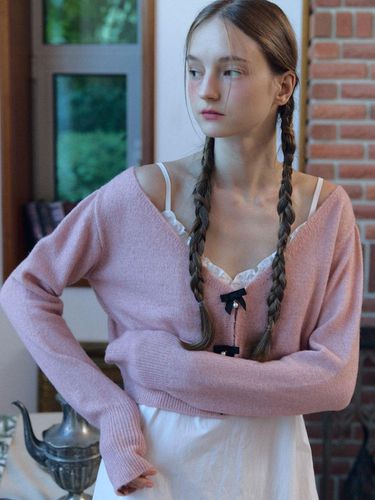 Ribbon v neck knit cardigan_pink - FABRIC SEOUL - Modalova