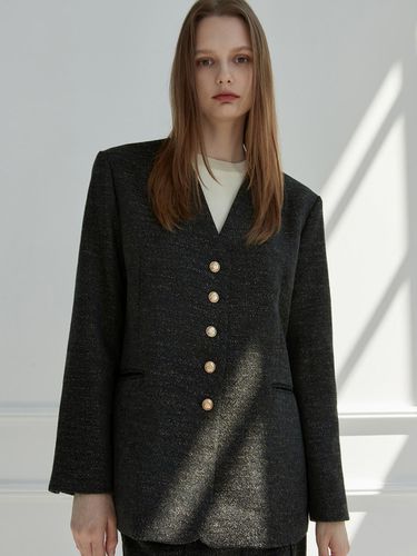 Tweed Collarless Jacket - Black - Amour moier - Modalova