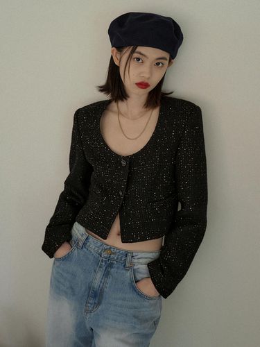 U-neck Cropped Tweed Jacket - Black - overdueflair - Modalova