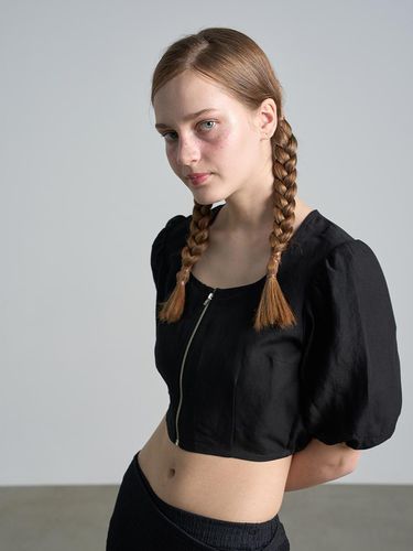 Linen puff zipper cropped blouse - 320SHOWROOM - Modalova