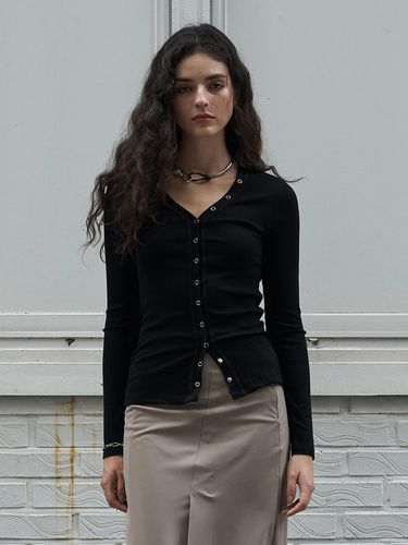 V-Neck Ribbed Button Cardigan Black - 320SHOWROOM - Modalova