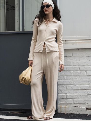 Ribbed Banding Wide-Leg Pants Beige - 320SHOWROOM - Modalova