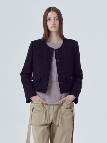 Cut-Off Button Tweed Jacket, Black - ETMON - Modalova