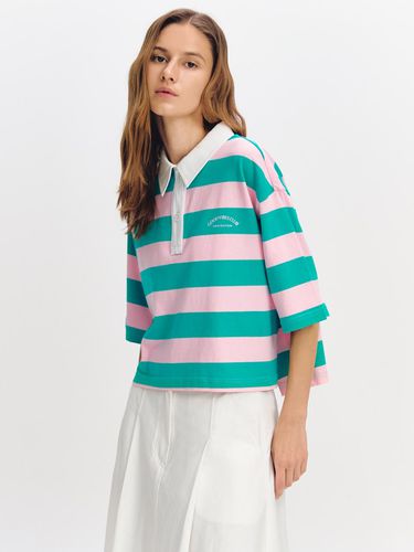 Color Block Stripe Crop Collar T-shirt - GRAYDATION - Modalova