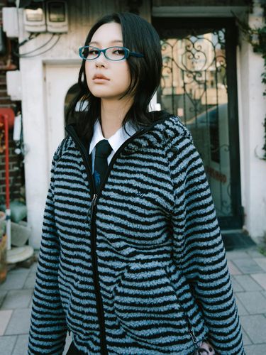 STRIPE FLEECE HOODED JACKET [BLACK] - runningHIGH - Modalova