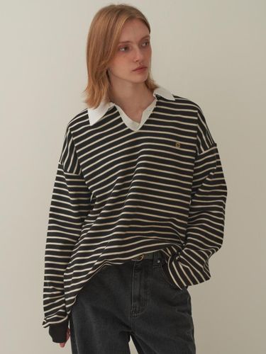 V-neck Collar Stripe Tee - Black - MOTT - Modalova