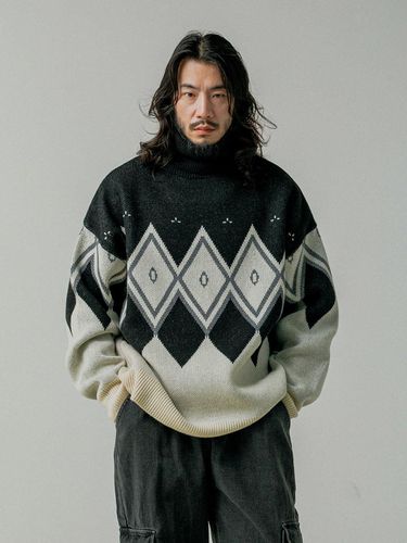 Argyle lamb's wool knit turtleneck black - RUGGED HOUSE - Modalova