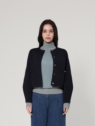 Crew Neck Puff Sleeve Gold Button Cardigan [Navy] (UFJKJA364N) - UNIT - Modalova