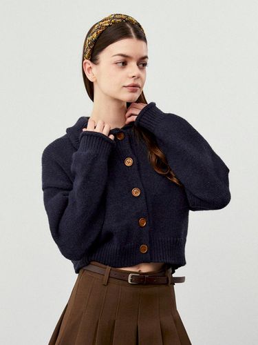 Bold Button Collar Cropped Knit Cardigan [Navy] - koolkitten - Modalova