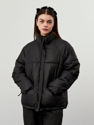 Zipper Leather High Neck Puffer Jacket [BLACK] - koolkitten - Modalova