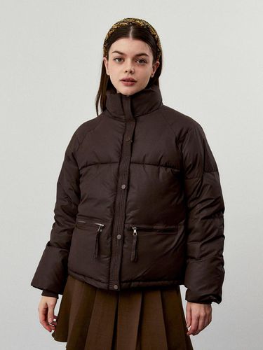 Zipper Leather High Neck Puffer Jacket [Brown] - koolkitten - Modalova