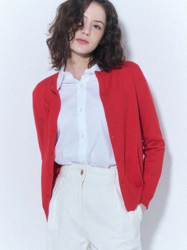 Cashmere Blend Crew Neck Ribbed Cardigan [RED] (ZFKKCA105N) - UNIT - Modalova