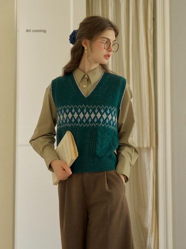 V-neck Wool Knit Vest [Green] - Simple Retro - Modalova