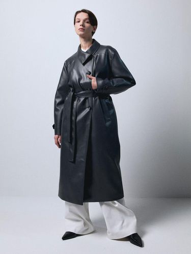 Leather Double-breasted Padded Trench Coat [White Charcoal] - EPINGLER - Modalova