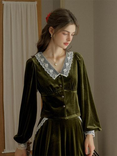 Vintage Velvet Lace Blouse [Green] - Simple Retro - Modalova