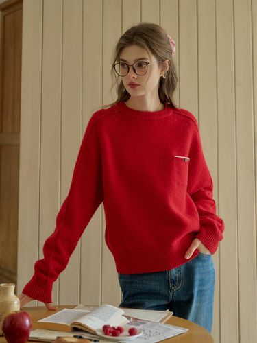 Pocket Round Neck Sweater [RED] - Simple Retro - Modalova