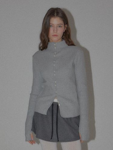 Ribbed Mockneck Cotton Blend Cardigan [Grey] - DEARSTALKER - Modalova