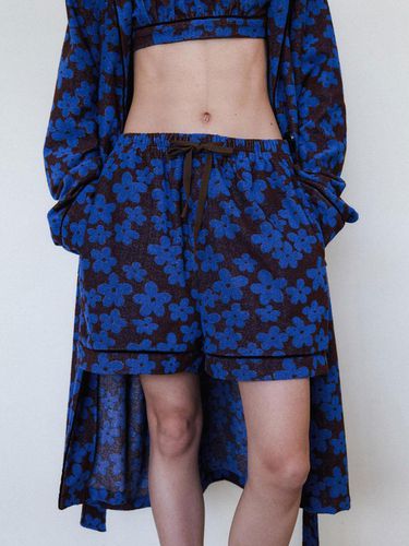 Terry Floral Print Elastic Waist Pajama Shorts [Brown Blue] - EPINGLER - Modalova