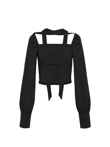 Square Neck Fleece Side Smocking Blouse [Black] - PAIN OR PLEASURE - Modalova