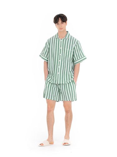 Cotton Blend Striped Button-up Set [GREEN] - FOVERE - Modalova