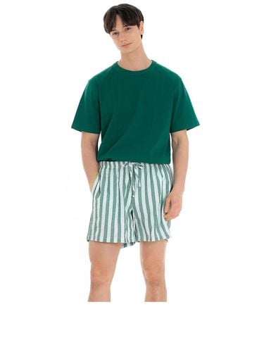 Stripe Elastic Waistband Cotton Blend Shorts [GREEN] - FOVERE - Modalova