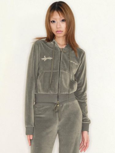 Velour Semi-Cropped Slim-Fit Zip-up Hoodie [Moss Green] - EXPIRED GIRL - Modalova