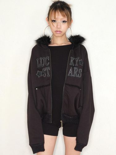 Embossed Texture Fur Zip-up Hoodie [BLACK] - EXPIRED GIRL - Modalova