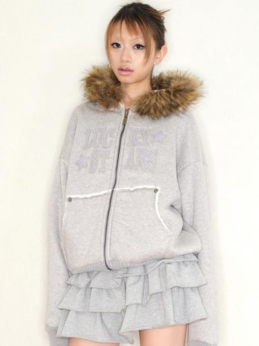 Embossed Texture Fur Hoodie Zip-up [Melange Grey] - EXPIRED GIRL - Modalova