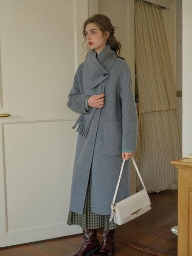 Wool Blend Tassel Scarf Set Coat [Gray] - Simple Retro - Modalova