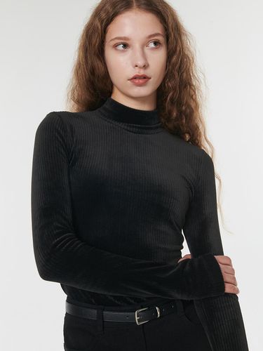 Velour Corduroy Mock Neck Slim Fit Top [Black] - OUTSHELL - Modalova