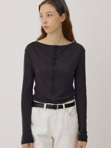 Button Detailed Sheer Wool T-shirt [Charcoal Grey] - MANNON - Modalova