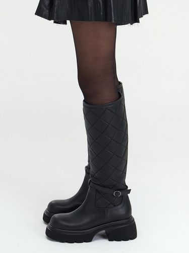 Quilted Belt Long Leather Boots [Black] - the JOHI - Modalova