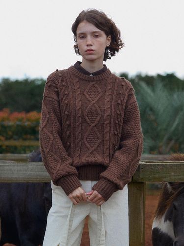 Cable Pattern Oversized Wool Blend Knit [BROWN] - FOLNUA - Modalova