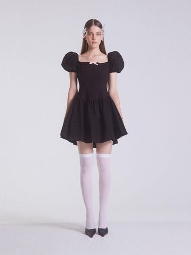 Puff Sleeve Ribbon Detail Babydoll Dress [Black] - emilee F - Modalova