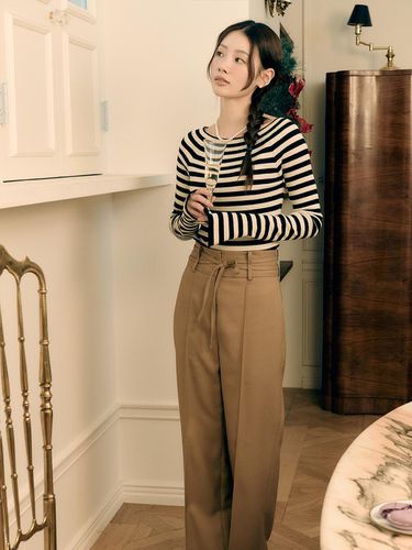 Winter High-Waisted Double-Buckle Tencel Pants [Brown beige] - UMER - Modalova