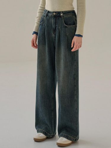 Stitch Pintuck Wide Leg Denim Pants [Deep Blue] - NONANDNON - Modalova