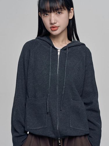 Knit Hooded Two-way Zip-up Jacket [Charcoal Melange] - chicks - Modalova