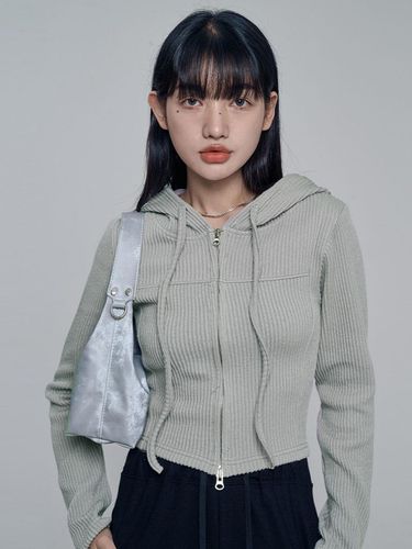 Two-way Hooded Ribbed Zip-up Jacket [Khaki Gray] - chicks - Modalova